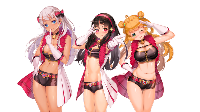 Three anime girls in idol outfits