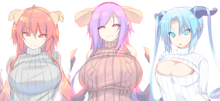 Three demon girls in sweaters