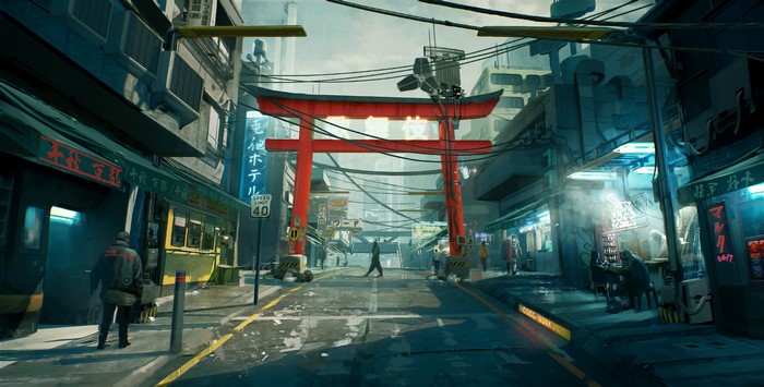 Cyberpunk 2077 concept art of a futuristic city street with a torii gate