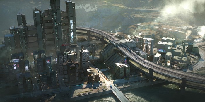 Cyberpunk 2077 concept art of North Oak city