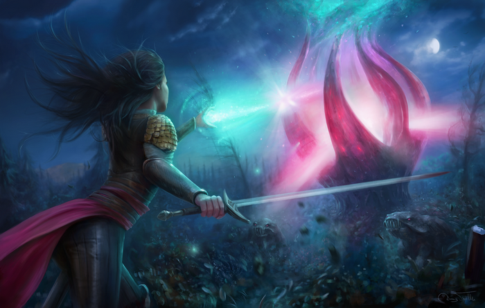 Woman warrior casting magic at a glowing alien creature