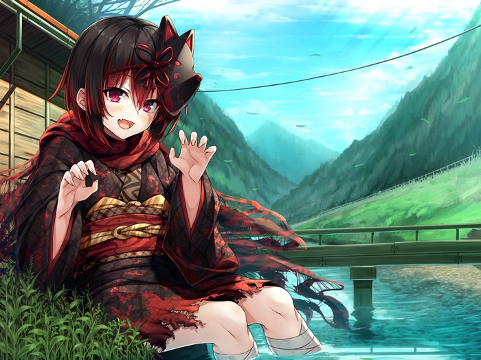 Anime girl with fox mask in kimono by river