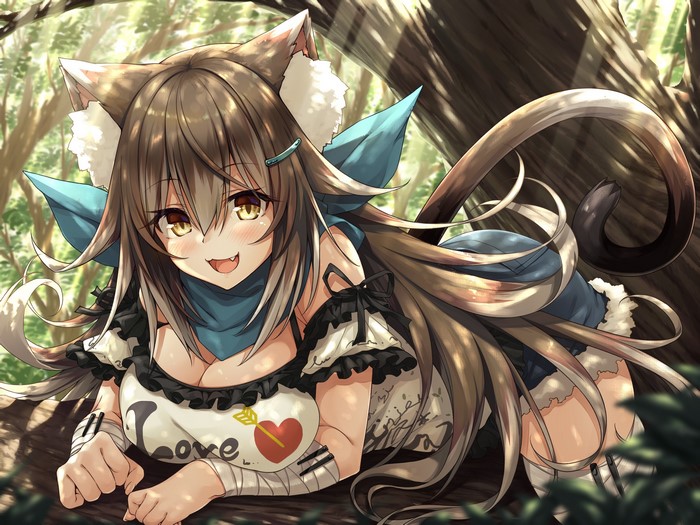 Anime cat girl with blue scarf and heart shirt
