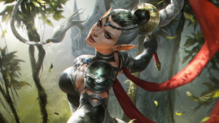 Fantasy elf warrior with braided hair and red sash
