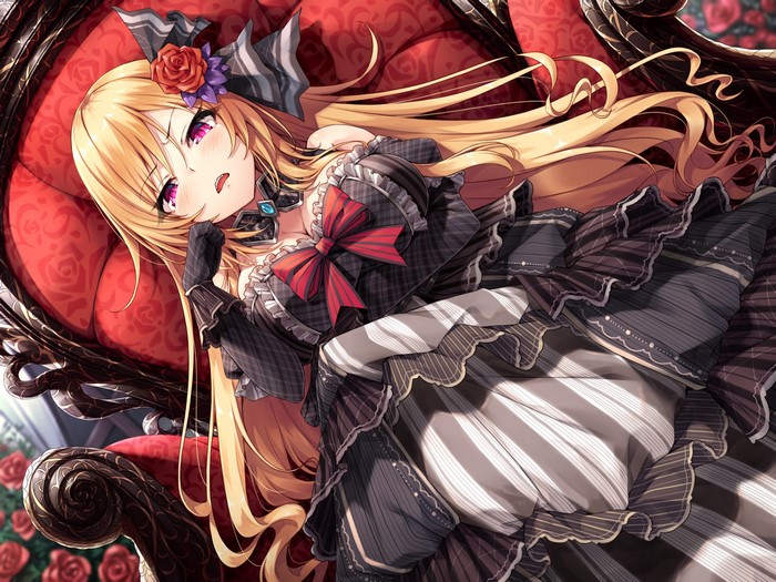 Anime girl with blonde hair and purple eyes on a red chair