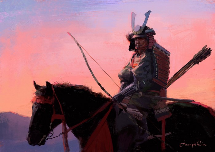 Samurai on horseback with bow and arrows at dusk