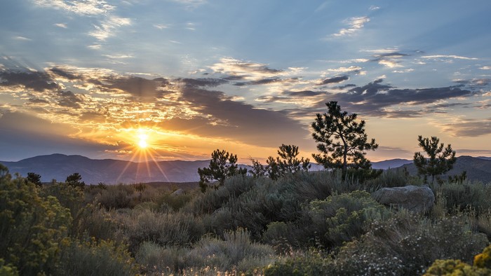 Sunset over mountains with sun rays and trees