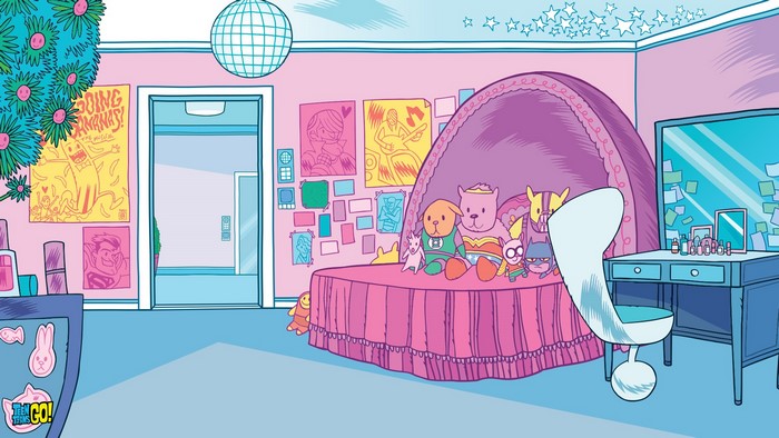 Teen Titans Go! bedroom with stuffed toys