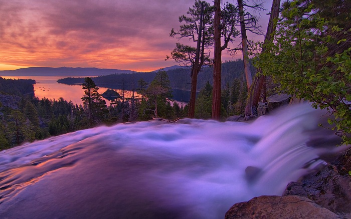 Waterfall overlooking Lake Tahoe at sunset