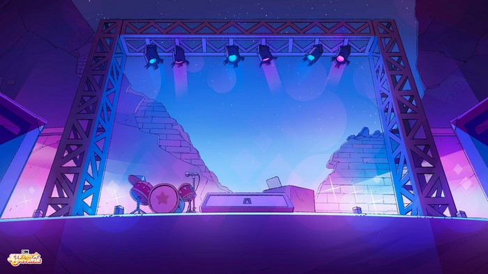 Steven Universe stage with drum set and keyboard