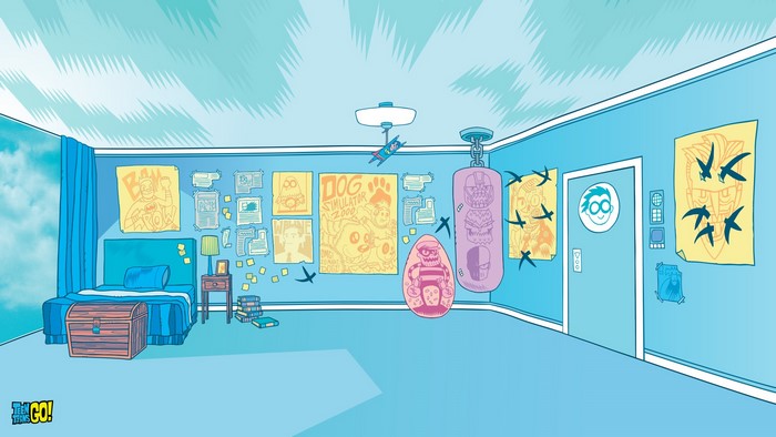 Teen Titans Go! bedroom with posters and punching bags