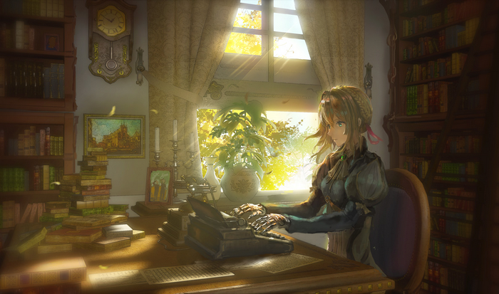 Violet Evergarden typing at a desk in a library