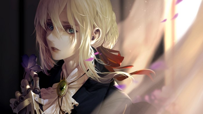 Violet Evergarden with blue eyes and a flower