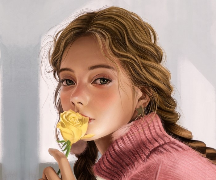 Digital painting of a young woman holding a yellow rose