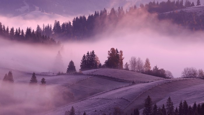 Misty mountain landscape with forests and fields at sunrise