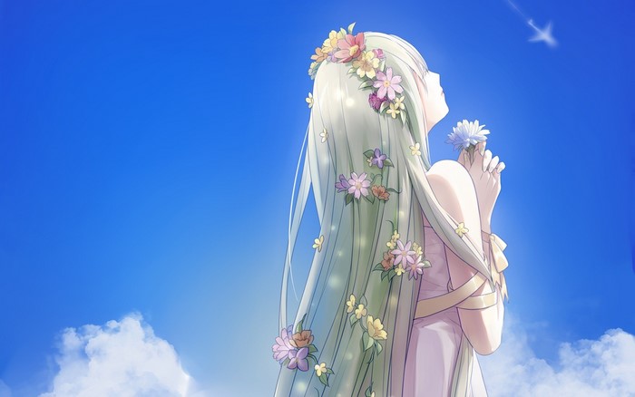 Anime girl with flowers in her hair looking at the sky