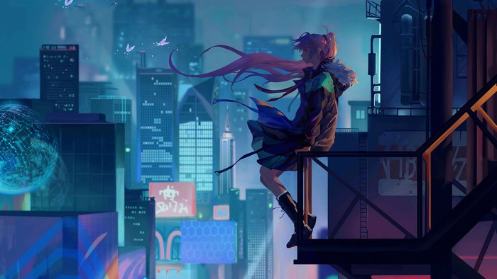 Anime girl sitting on a futuristic city rooftop at night