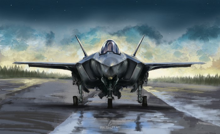 F-35A Lightning II aircraft on runway at dusk