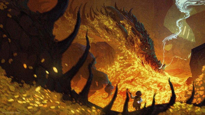 Dragon on a hoard of gold with a child