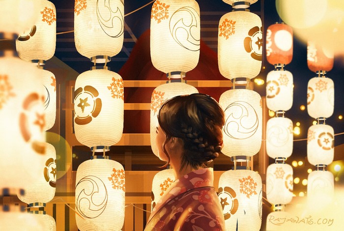 Woman in Kimono surrounded by Japanese lanterns at night