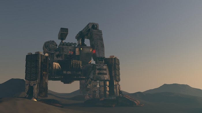 Giant robot in a desolate landscape