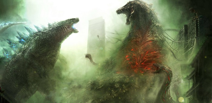 Godzilla and Biollante fighting in a city