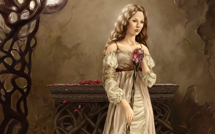 Fantasy art of a woman holding a rose