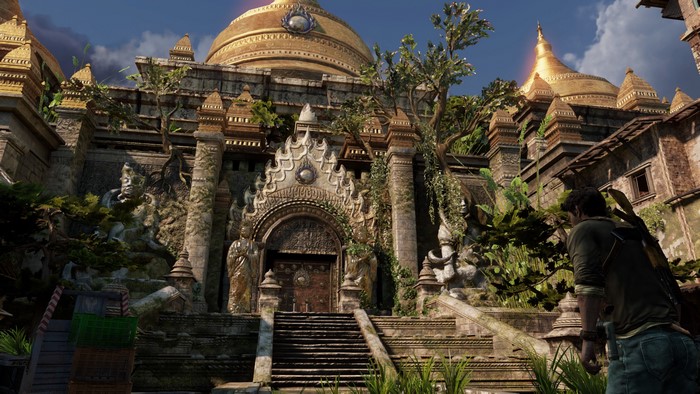 Nathan Drake from Uncharted 2: Among Thieves in front of a temple