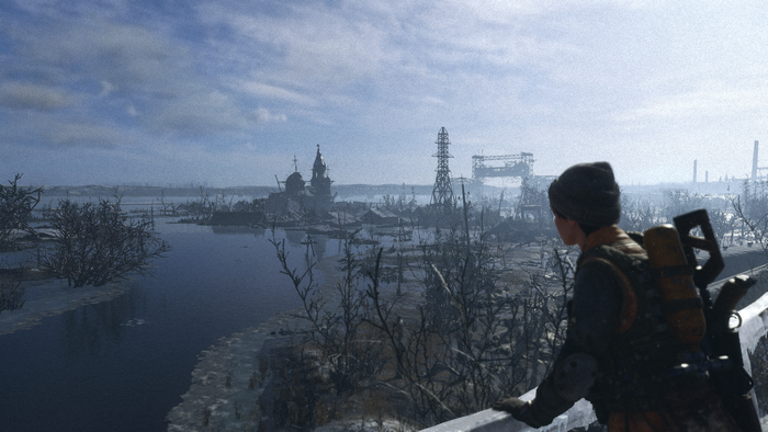 Person overlooking a flooded, post-apocalyptic landscape in Metro Exodus