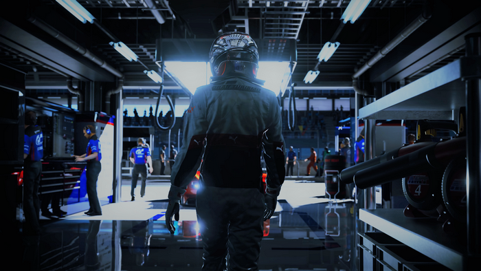 Gran Turismo racing pit crew in garage