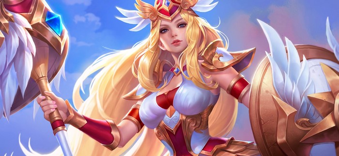 Fantasy blonde warrior girl with shield and mace