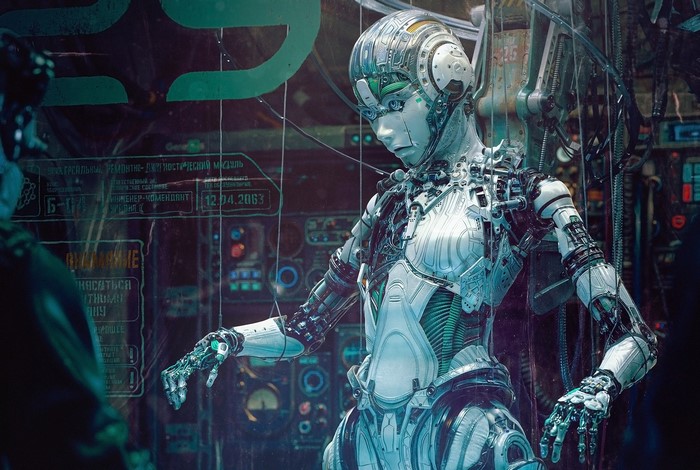 Gynoid in a futuristic laboratory