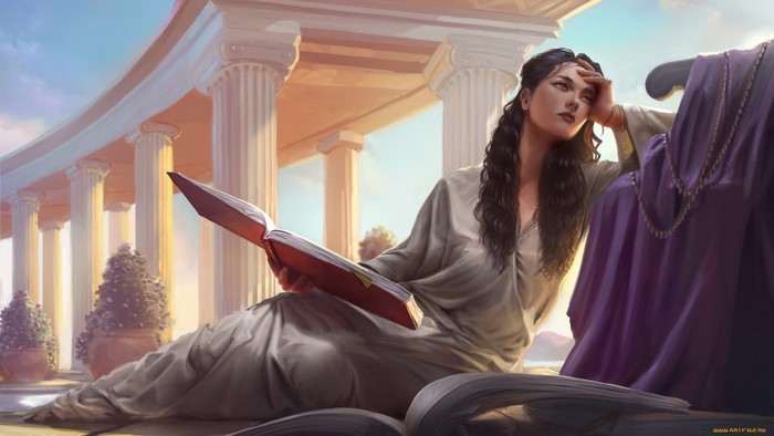 Woman reading a book in front of a classical building