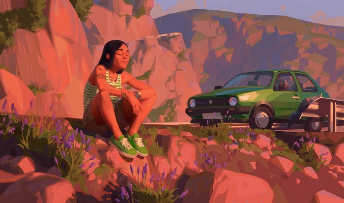 Woman sitting by a road with a Volkswagen Golf