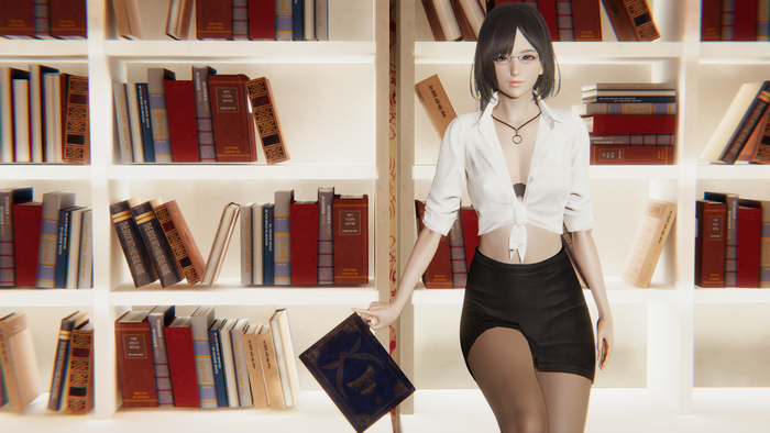 Anime girl with glasses in a library