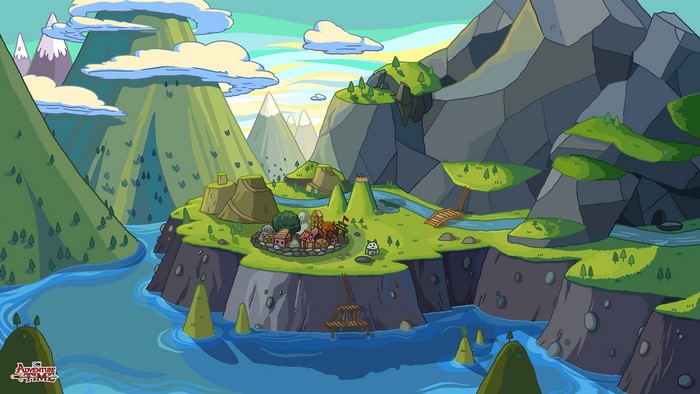 Adventure Time landscape with mountains and a village