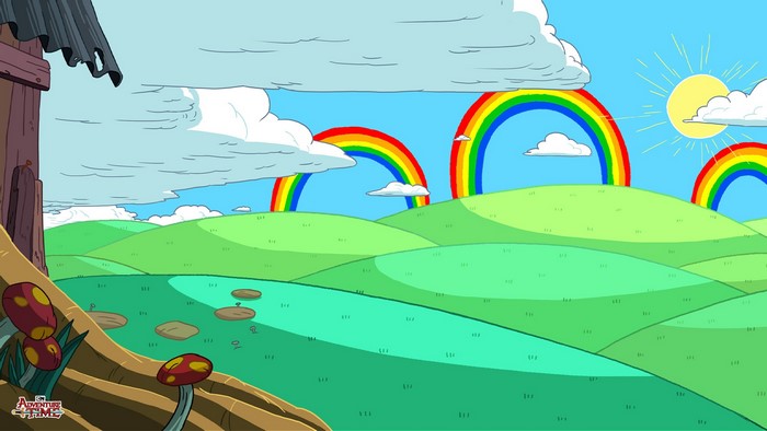 Adventure Time landscape with rainbows and sun