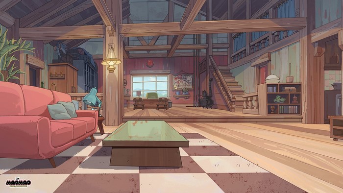 Interior of a wooden cabin with furniture