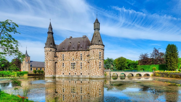 Chateau de Jehay, Belgium, with moat and bridge