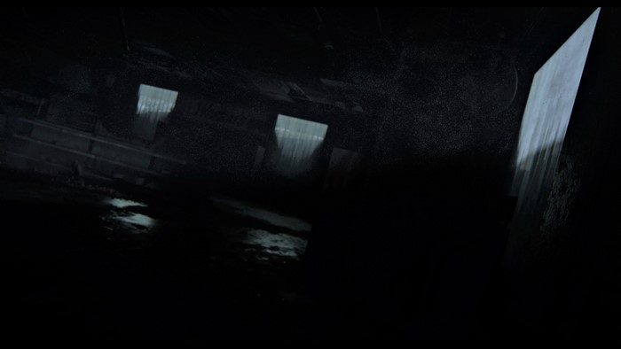Post-apocalyptic interior with light shafts