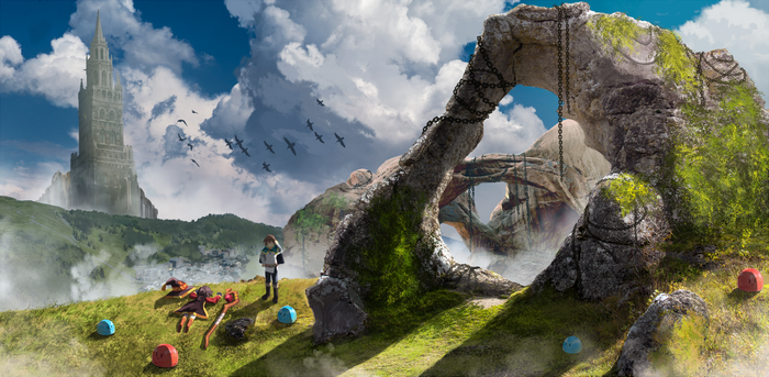 Megumin and Satou Kazuma from KonoSuba in a fantasy landscape