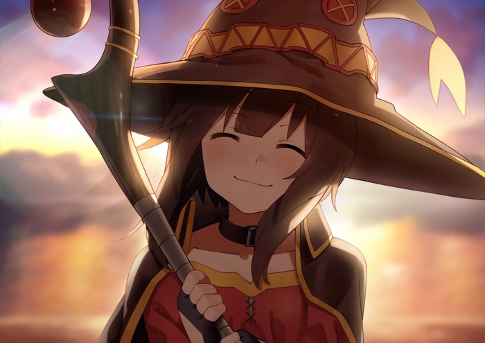 Megumin from KonoSuba holding her staff at sunset