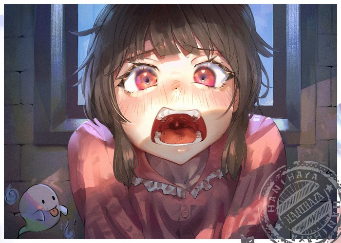 Megumin from KonoSuba in pajamas with a ghost