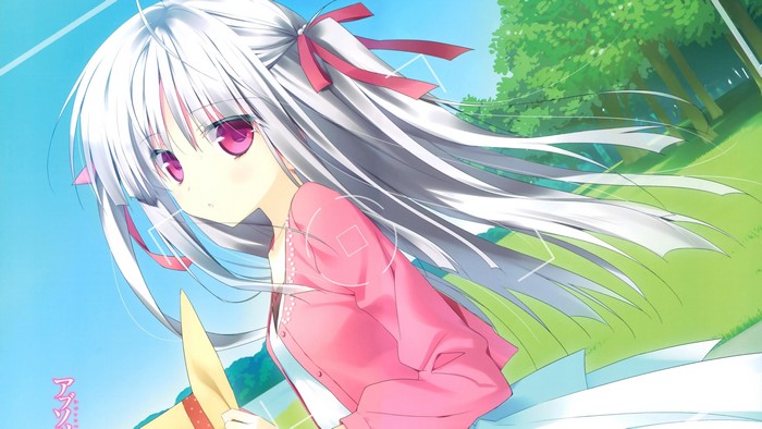Anime girl with white hair and pink eyes