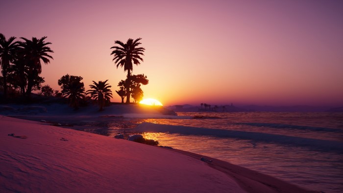 Sunset over a beach with palm trees in Assassin's Creed: Odyssey