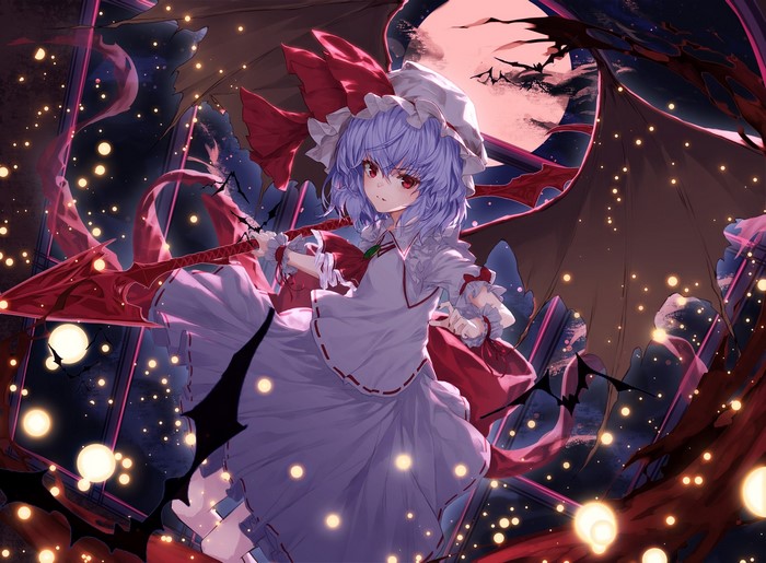 Remilia Scarlet from Touhou with wings and a scythe