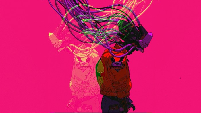 Cyberpunk robot with wires and pink background
