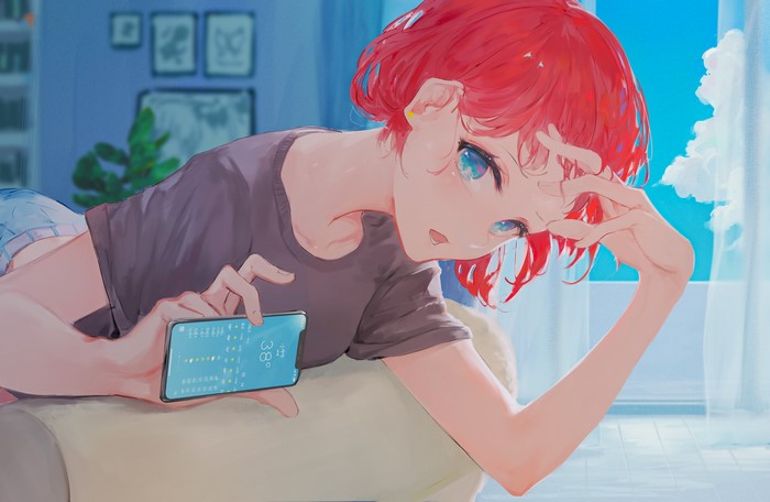 Anime girl with red hair and aqua eyes holding a phone