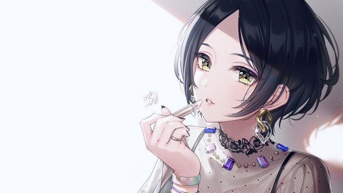 Anime girl applying lipstick with jewelry
