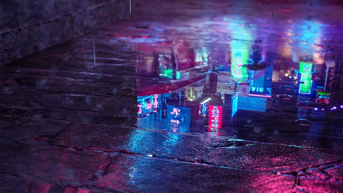 Rainy Cyberpunk City Street with Neon Reflections